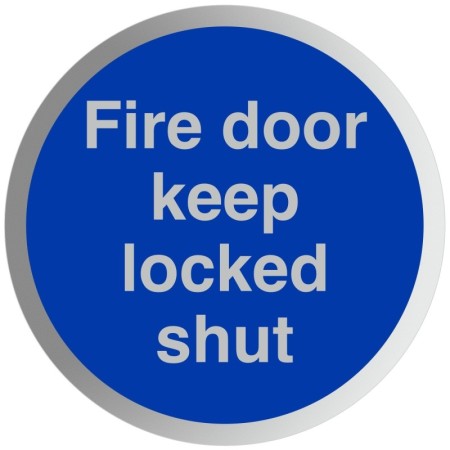 Fire Door Keep Locked Shut aluminium mandatory sign with white text on a blue circular background
