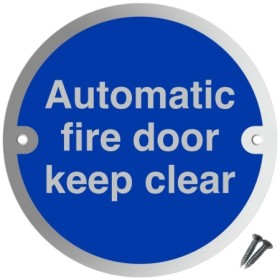 Automatic Fire Door Keep Clear aluminium sign with white text on a blue circular background