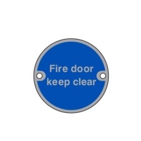 Fire Door Keep Clear aluminium mandatory sign with white text on a blue circular background