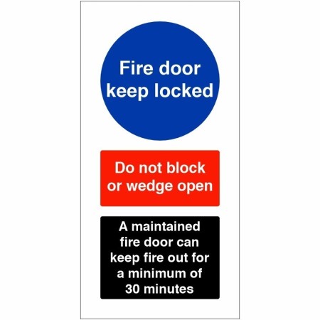 Fire Door Keep Locked A Maintained Fire Door Sign with do not block or wedge open instruction