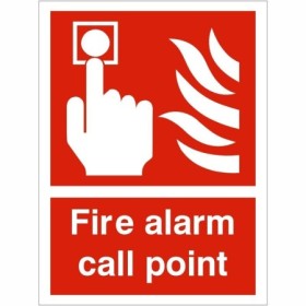 Fire Alarm Call Point Sign with white call point and flame symbols on red background