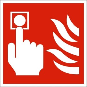 Fire Alarm Symbol Sign with white call point and flame symbols on red background