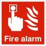 Fire Alarm Square Sign with white call point and flame symbols on red background