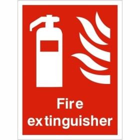 Fire Extinguisher Sign with white extinguisher and flame symbol on red background