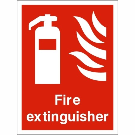 Fire Extinguisher Sign with white extinguisher and flame symbol on red background