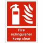 Fire Extinguisher Keep Clear Sign with white extinguisher and flame symbol on red background