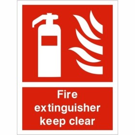 Fire Extinguisher Keep Clear Sign with white extinguisher and flame symbol on red background