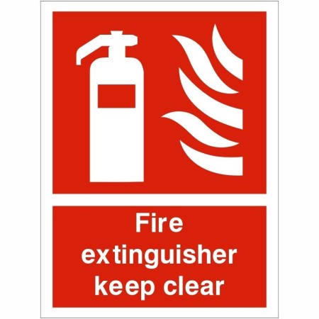 Fire Extinguisher Keep Clear Sign with white extinguisher and flame symbol on red background