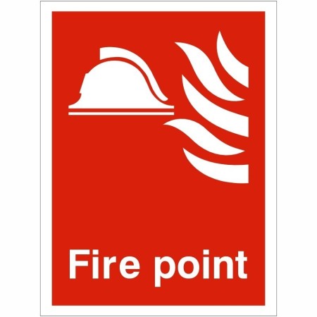 Fire Point Sign with white fire safety symbols and text on red background