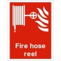 Fire Hose Reel Sign with white hose reel and flame symbols on red background