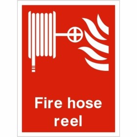 Fire Hose Reel Sign with white hose reel and flame symbols on red background