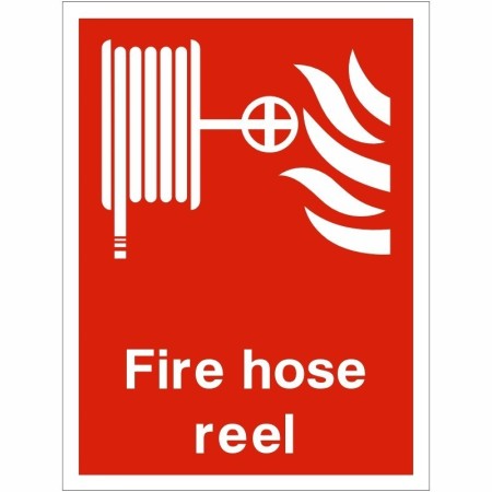 Fire Hose Reel Sign with white hose reel and flame symbols on red background