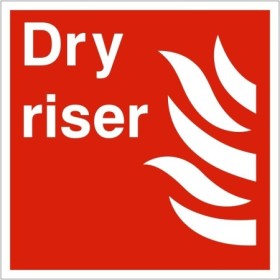 Dry Riser Symbol Sign with white text and flame symbol on red background