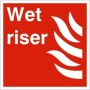 Wet Riser Symbol Sign with white text and flame symbol on red background