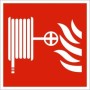 Fire Hose Reel Symbol Sign with white hose reel and flame symbols on red background