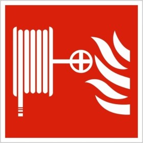 Fire Hose Reel Symbol Sign with white hose reel and flame symbols on red background