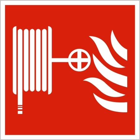 Fire Hose Reel Symbol Sign with white hose reel and flame symbols on red background