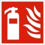 Fire Extinguisher Symbol Sign with white extinguisher and flame symbols on red background