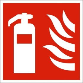 Fire Extinguisher Symbol Sign with white extinguisher and flame symbols on red background