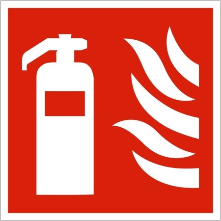 Fire Extinguisher Symbol Sign with white extinguisher and flame symbols on red background