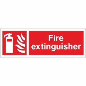 Fire Extinguisher Sign with white extinguisher symbol and text on red background