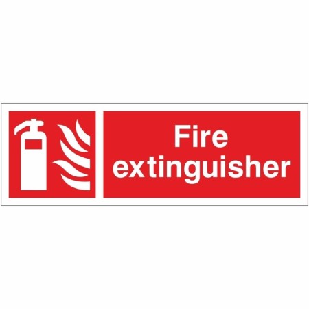 Fire Extinguisher Sign with white extinguisher symbol and text on red background