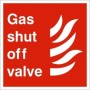 Gas Shut Off Valve Sign with white text and symbol on red background