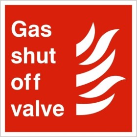 Gas Shut Off Valve Sign with white text and symbol on red background