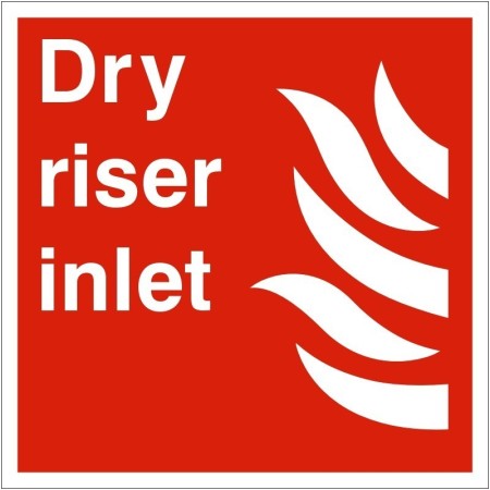 Dry Riser Inlet Sign with white text and flame symbol on red background