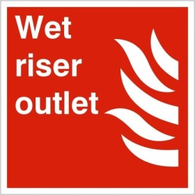 Wet Riser Outlet Sign with white text and flame symbol on red background