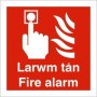 Larwm Tân Fire Alarm Welsh and English Square Sign with white symbols on red background