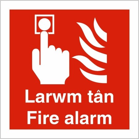 Larwm Tân Fire Alarm Welsh and English Square Sign with white symbols on red background