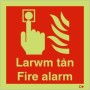 Glow in the Dark Larwm Tân Fire Alarm bilingual Welsh and English square safety sign