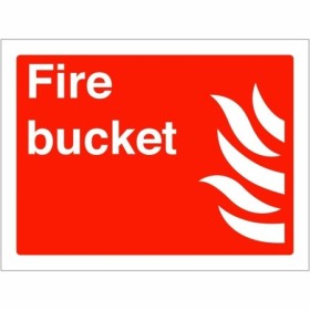 Fire Bucket Sign with white fire symbol and text on red background