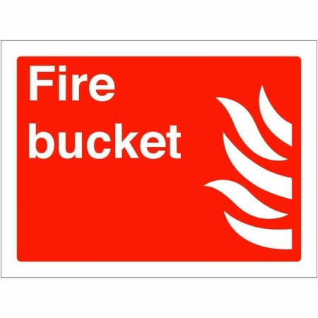 Fire Bucket Sign with white fire symbol and text on red background