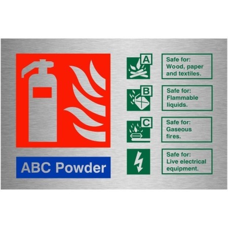 Brushed Aluminium ABC powder fire extinguisher identification safety sign with fire class guidance