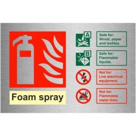 Brushed Aluminium Foam Spray Fire Extinguisher ID Sign with fire type guidance