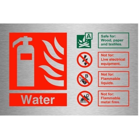 Brushed Aluminium Water Fire Extinguisher ID Sign with fire type guidance