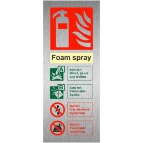 Brushed Aluminium Foam spray fire extinguisher fire ID safety sign with fire class guidance