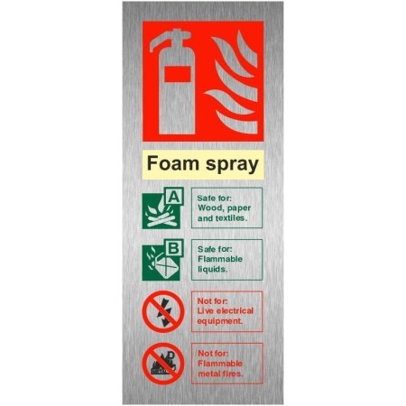 Brushed Aluminium Foam spray fire extinguisher fire ID safety sign with fire class guidance