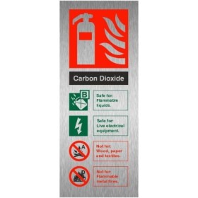 Brushed Aluminium Carbon dioxide fire extinguisher ID safety sign with fire suitability guidance