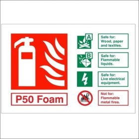 P50 Foam Fire Extinguisher ID Sign with fire suitability guidance