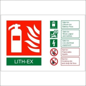 LITH-EX Fire Extinguisher ID Sign with lithium-ion battery fire guidance