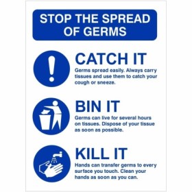 Stop The Spread Of Germs Hygiene Sign with blue Catch It Bin It Kill It guidance