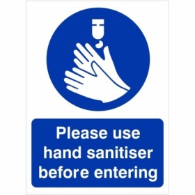 Please Use Hand Sanitiser Before Entering Sign with blue mandatory hand sanitising symbol
