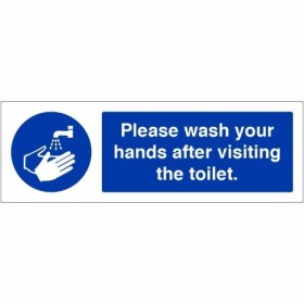 Please Wash Your Hands After Visiting The Toilet Sign with blue mandatory handwashing symbol