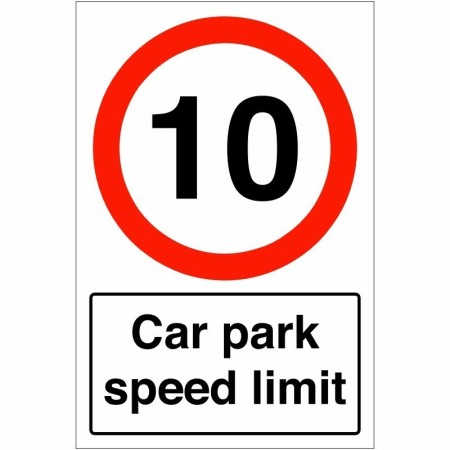 Car park speed limit sign displaying 10mph speed restriction