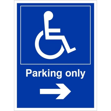 Parking only arrow right disabled sign with wheelchair symbol and directional arrow
