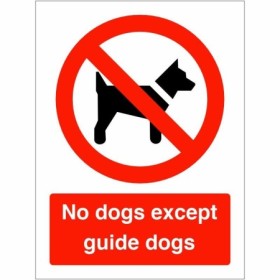 Red and white No Dogs Except Guide Dogs Sign with dog prohibition symbol