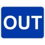 Out traffic sign with white text on blue background